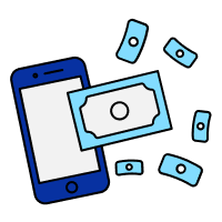 Illustration of a smartphone with blue banknotes floating around it