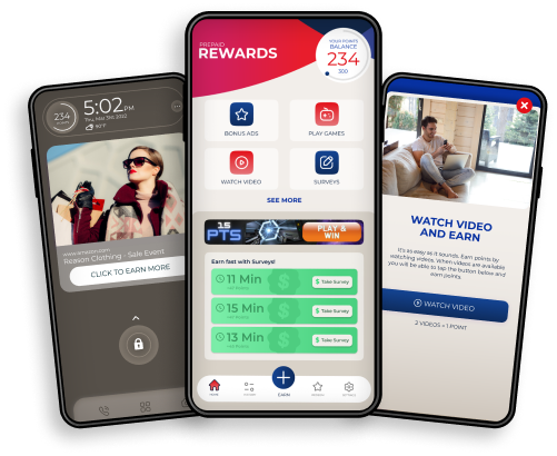 Phones showing different screens of the prepaid rewards experience
