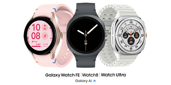 3 Samsung watches shown: Galaxy Watch FE in pink gold, Watch8 in graphite color and Watch Ultra in titanium white color