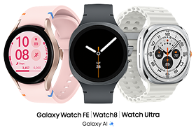3 Samsung watches shown: Galaxy Watch FE in pink gold, Watch8 in graphite color and Watch Ultra in titanium white color